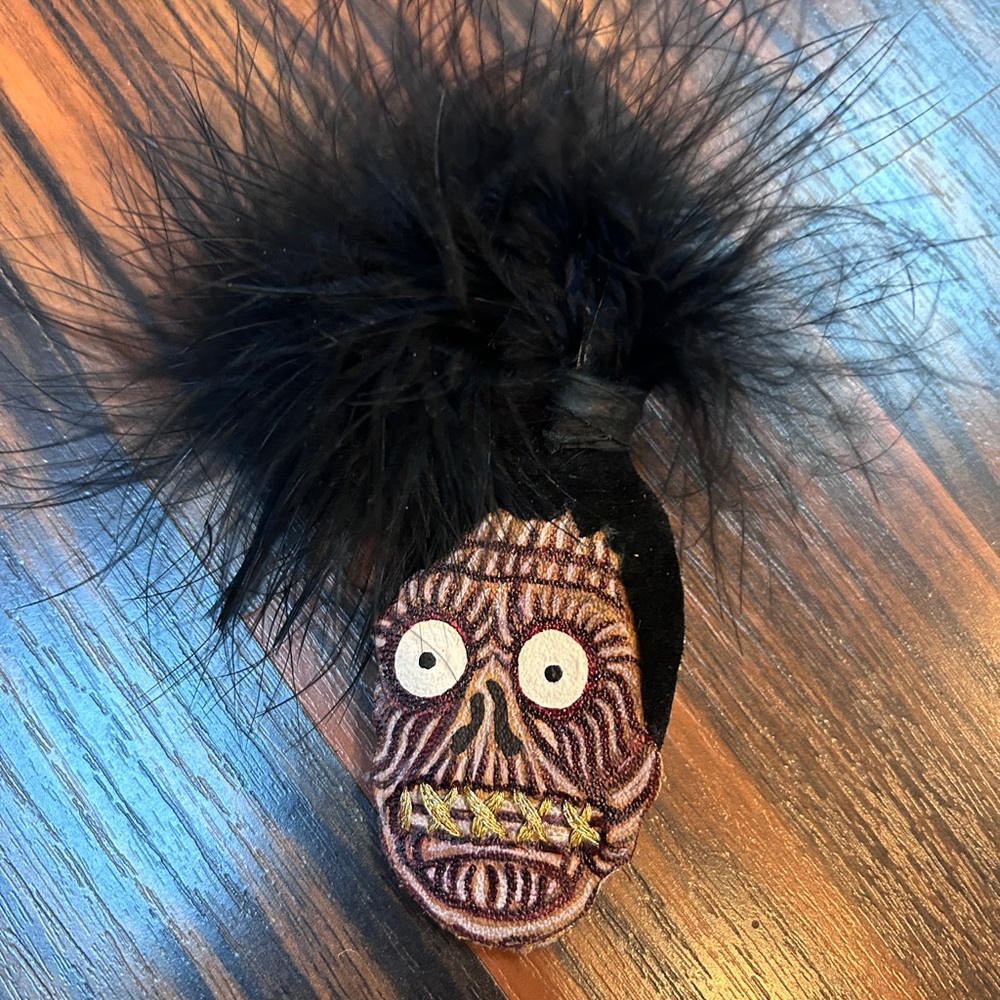 Black Feathered Shrunken Head Voodoo Pin Beetlejuice Tiki